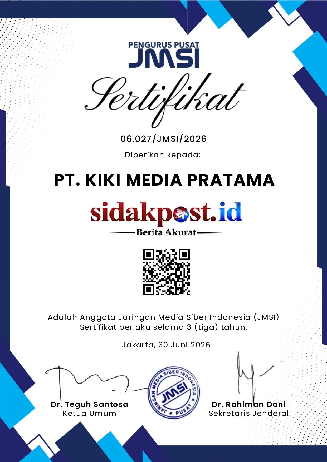 Sertifikat Anggota JMSI PT KIKI MEDIA PRATAMA